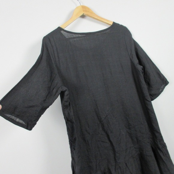 Peacock Ways Tunic Flare L Black Floral Linen Cotton Blouse Boho Lagenlook 286 - Picture 6 of 13